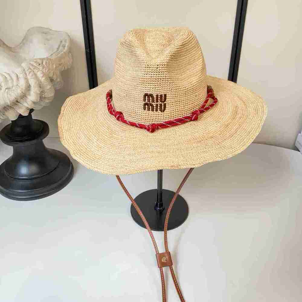 ⭐Miu Miu Logo Embroidered Wide Brim Straw Sun Hat With Chin Strap